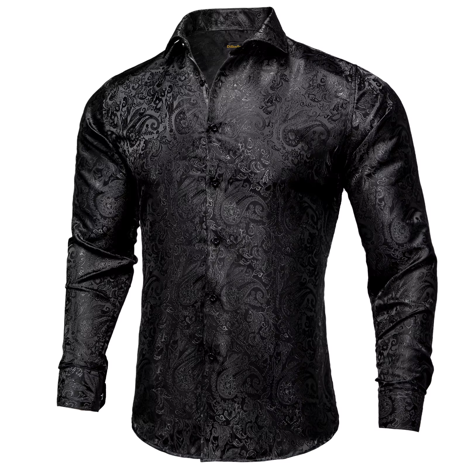 Chemises habillées en soie Paisley noire à manches longues pour hommes, chemise sociale de smoking d