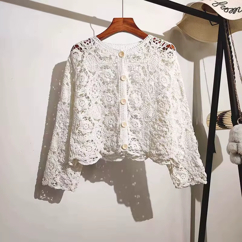 Manches longues Crochet haut en tricot plage Bikini couvrir boutonné Cardigan Blouse femmes blusas p