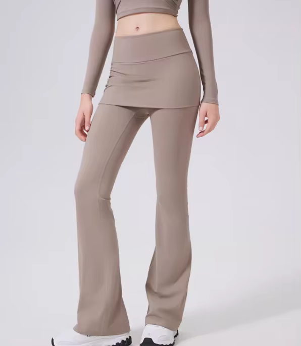 Pantalon faux deux pièces à taille haute légèrement évasé avec jupe intégrée pour femmes, idéal pour