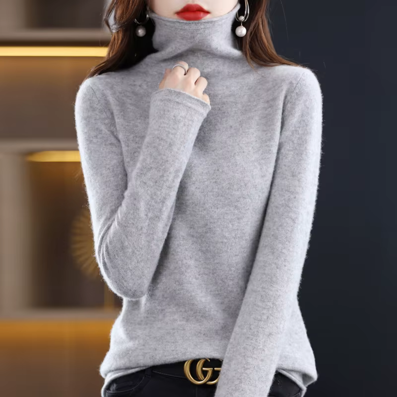 Pull en laine mérinos 100% pour femme, pull à col pileux, en cachemire, décontracté, manches longues