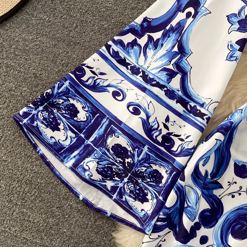 L'été Piste Bleu Et Blanc Porcelaine Lâche Longue Robe Femmes O-cou Manches Évasées Floral Inmprimé 