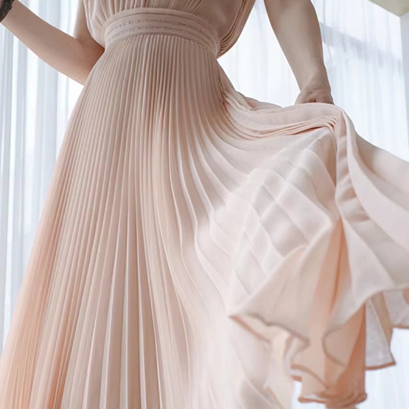Robe longue plissée en mousseline de soie rose pour femme, tenue de soirée, tenue de bureau, sans ma