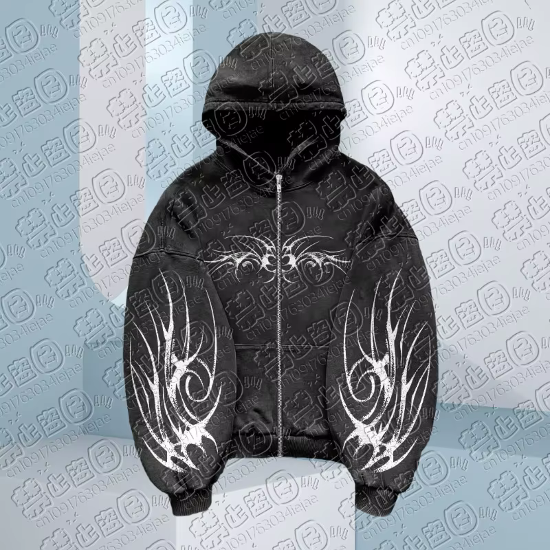 Sweat à capuche Hip Hop pour hommes, fermeture éclair, noir, gris, motif imprimé foncé 3D, gothique,
