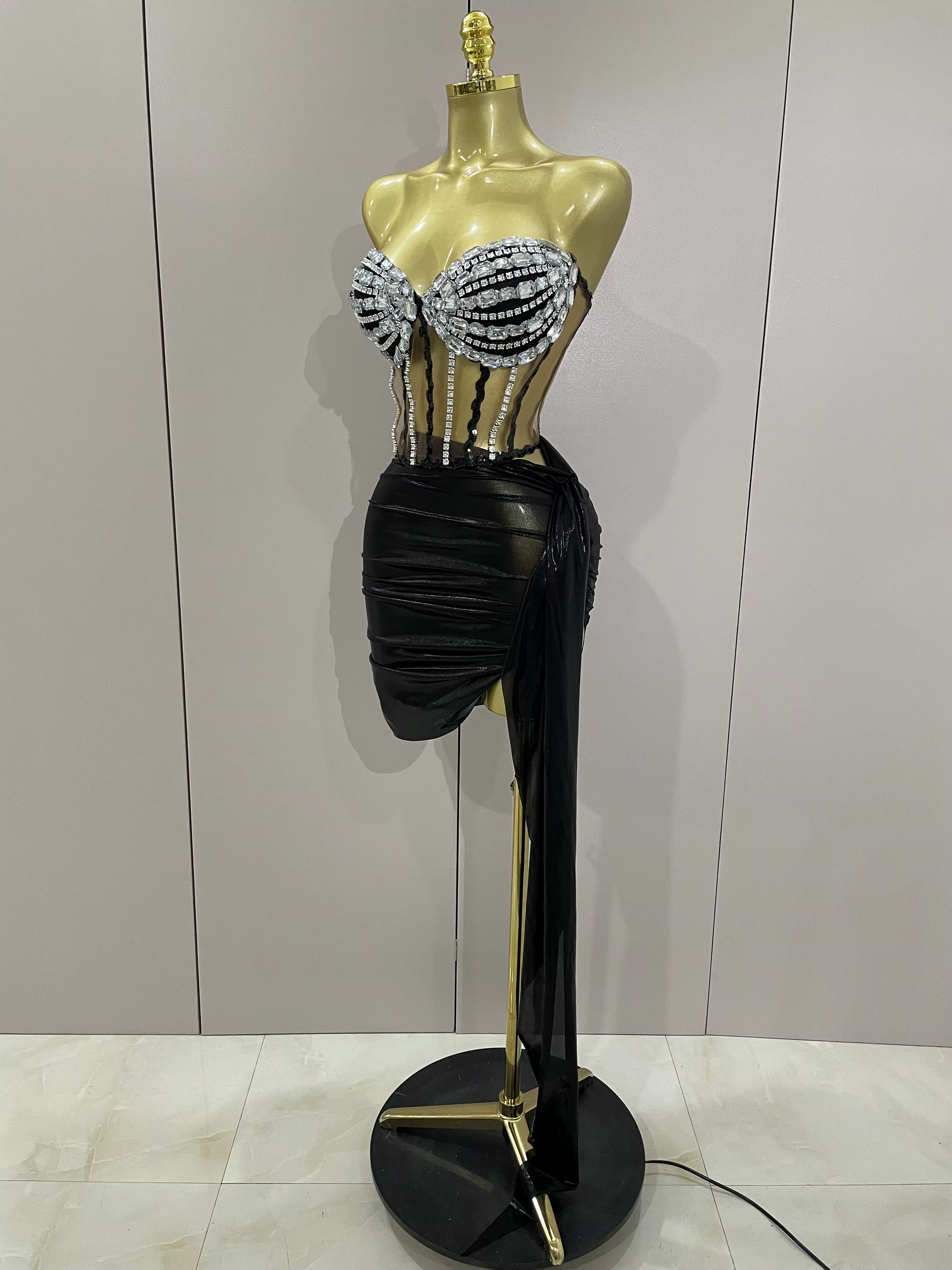 Sexy brillant strass paillettes 2 pièces haut jupe ensemble 2025 femmes célébrité soirée scène disco