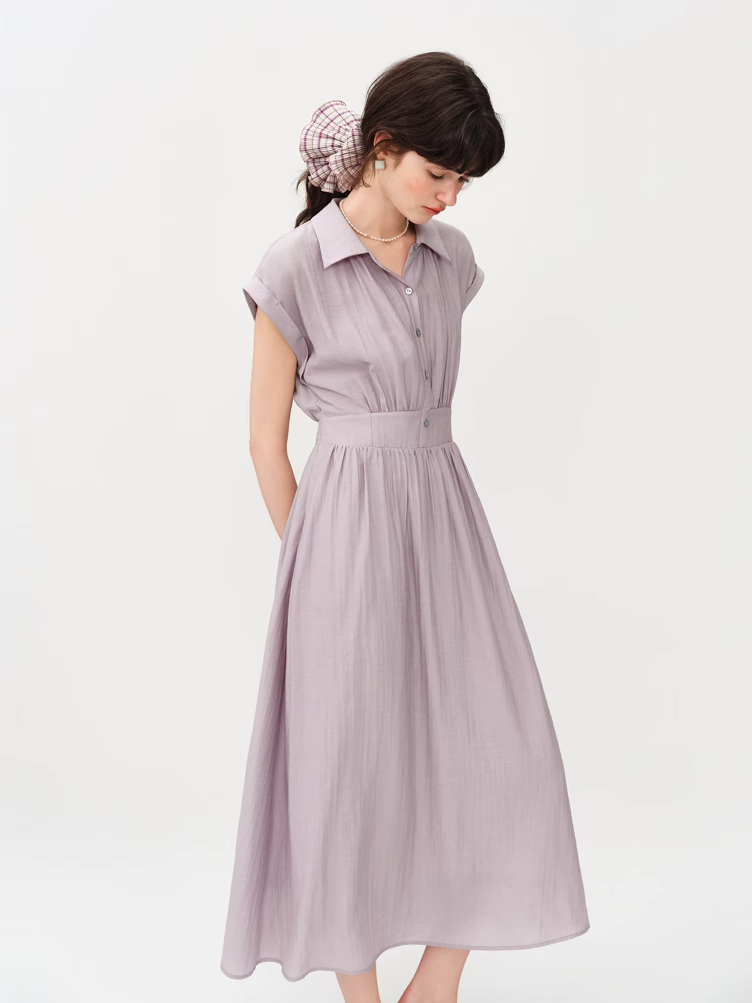 Robe mi-longue en lin coupe trapèze à col rabattu sans manches et taille ajustée en tissu Lyon, nouv