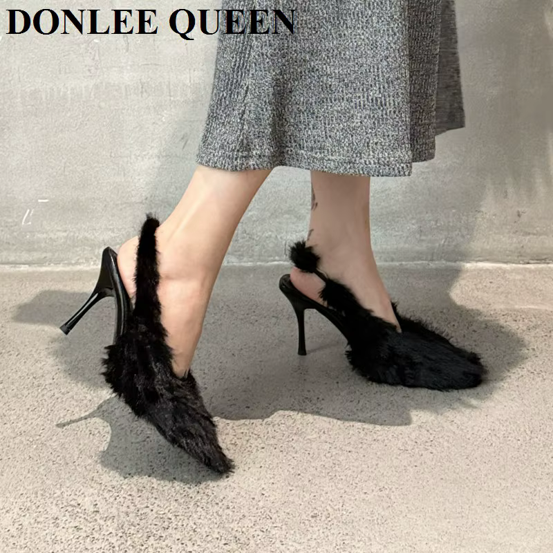 Sandales pointues à bride arrière pour femmes, chaussures à talons hauts, conception de fourrure à e