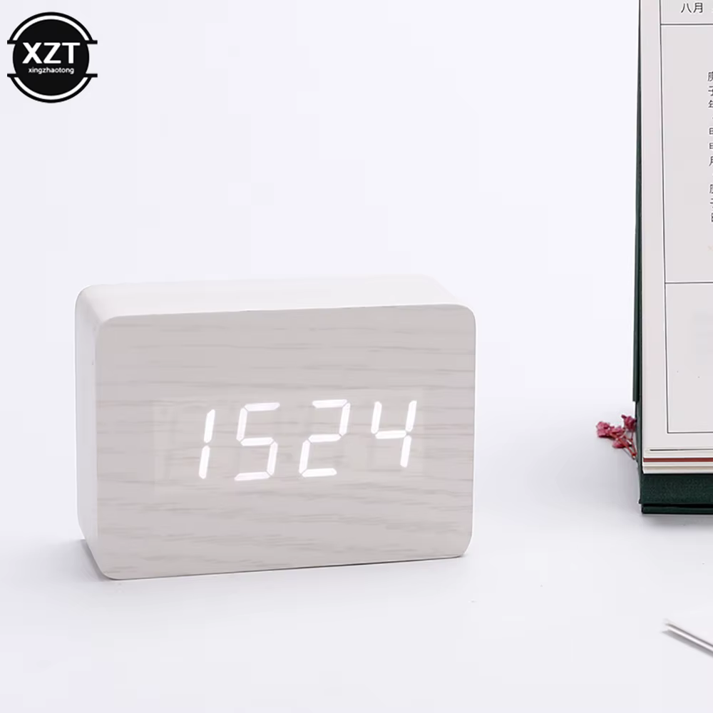 Réveil de mode LED montre en bois Table commande vocale numérique bois Despertador USB/AAA alimenté 