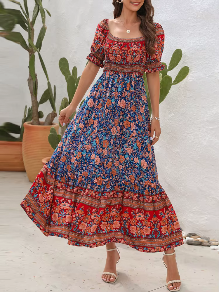 Robe longue plissée à imprimé Floral, style Boho, tenue de plage, manches courtes, col carré, à vola