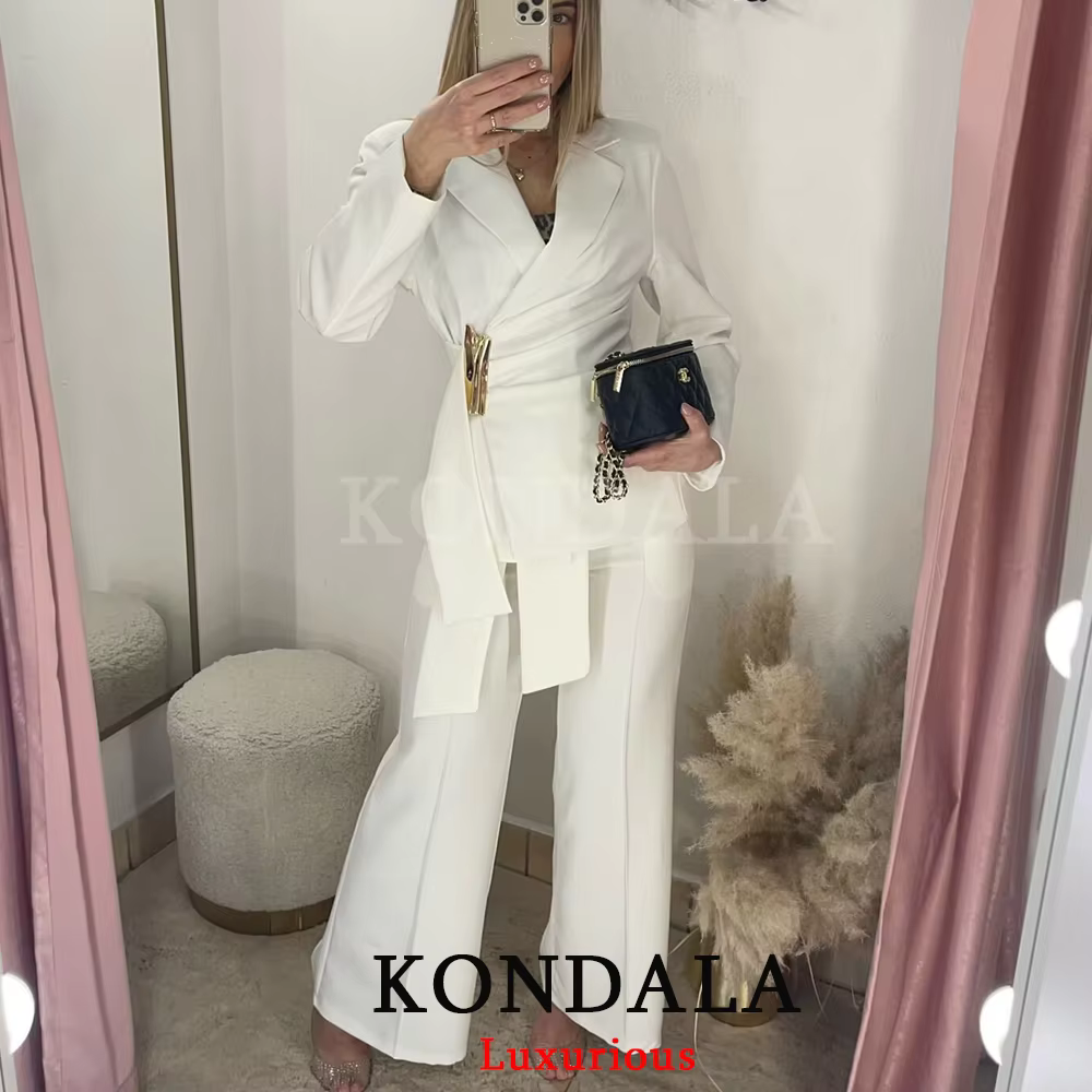 KONDALA – Nouveauté Chic pour Femme : Ensemble Blazer Blanc Uni à Manches Longues et Pantalon Long Z