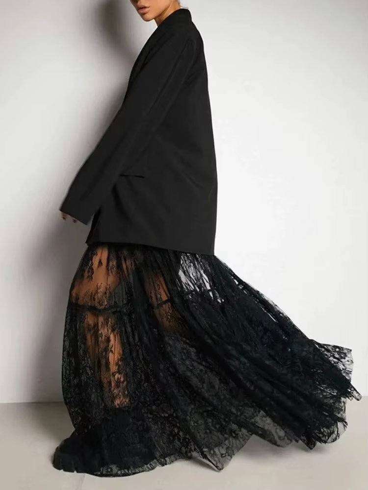Dentelle Jacquard jupe transparente femmes été nouvelle taille haute Sexy jupes longues décontractée
