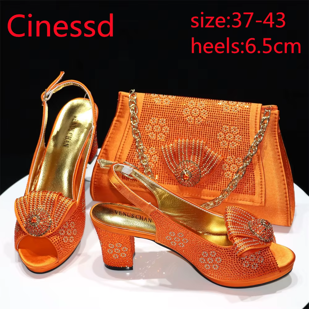 Ensemble de chaussures et de sacs nigérians pour femmes, escarpins en cristal complet, talons carrés