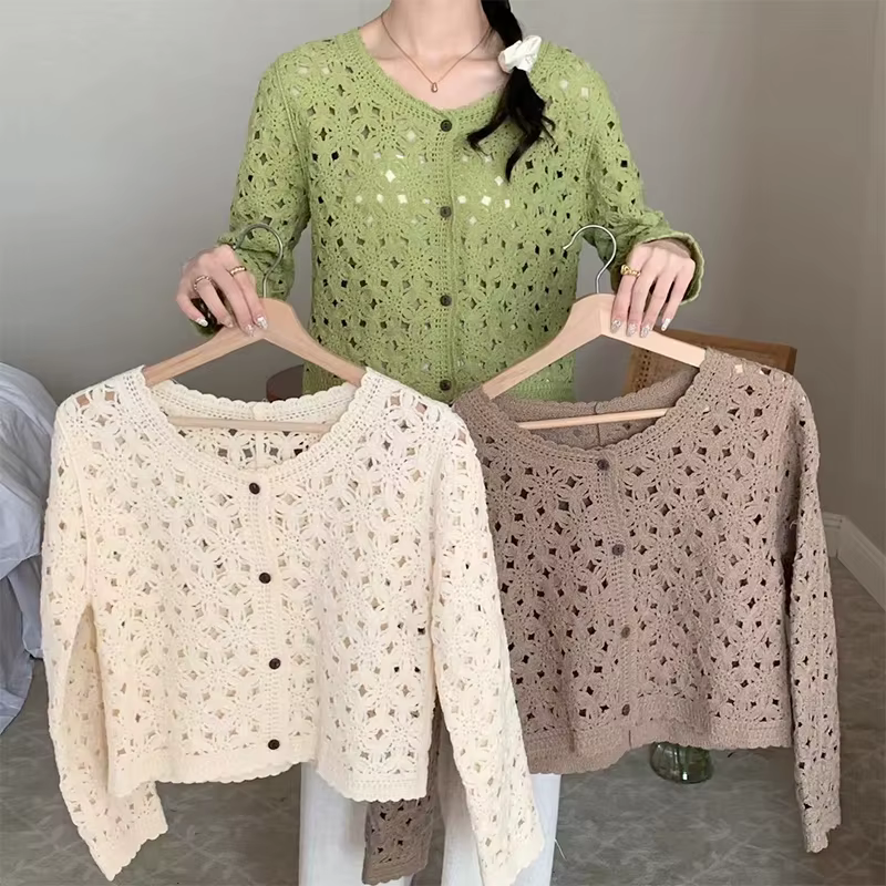 Haut en Crochet à manches longues pour femmes, veste Cardigan en tricot ajouré à boutons transparent