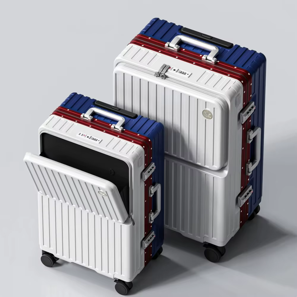 Valise à ouverture frontale en PC avec cadre en aluminium, serrure TSA, porte-gobelet et port de cha