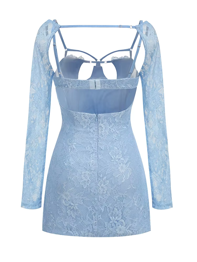 Mini robe dos nu à manches longues pour femmes, dentelle bleue découpée sexy, tambour lourd, robes c
