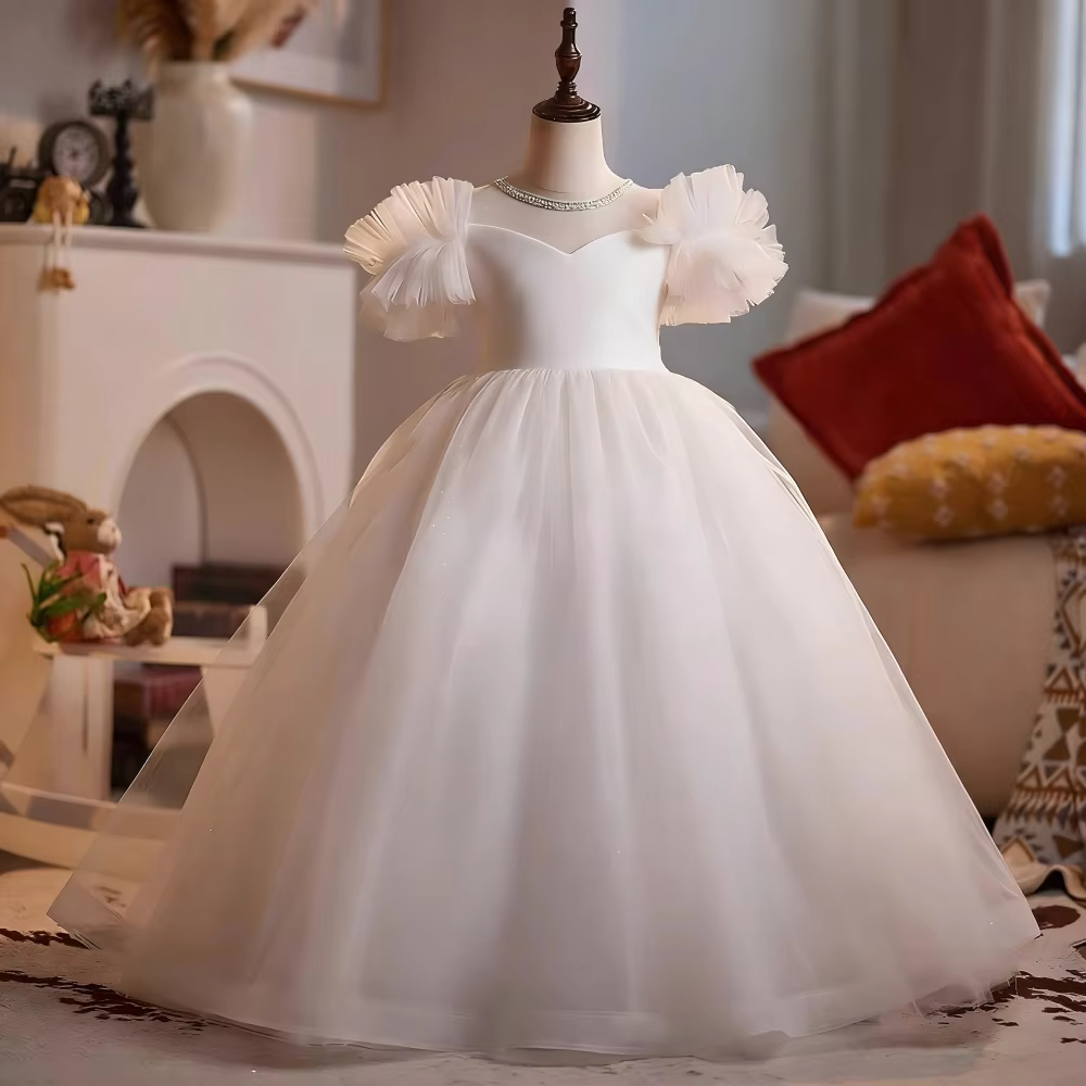 Robe de cérémonie blanche à fleurs pour filles, idéale pour les spectacles de piano, les anniversair