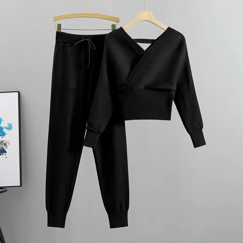 Ensemble deux pièces pour femme, survêtement élégant, Sexy, Style coréen, tricoté, côtelé, dos nu, L
