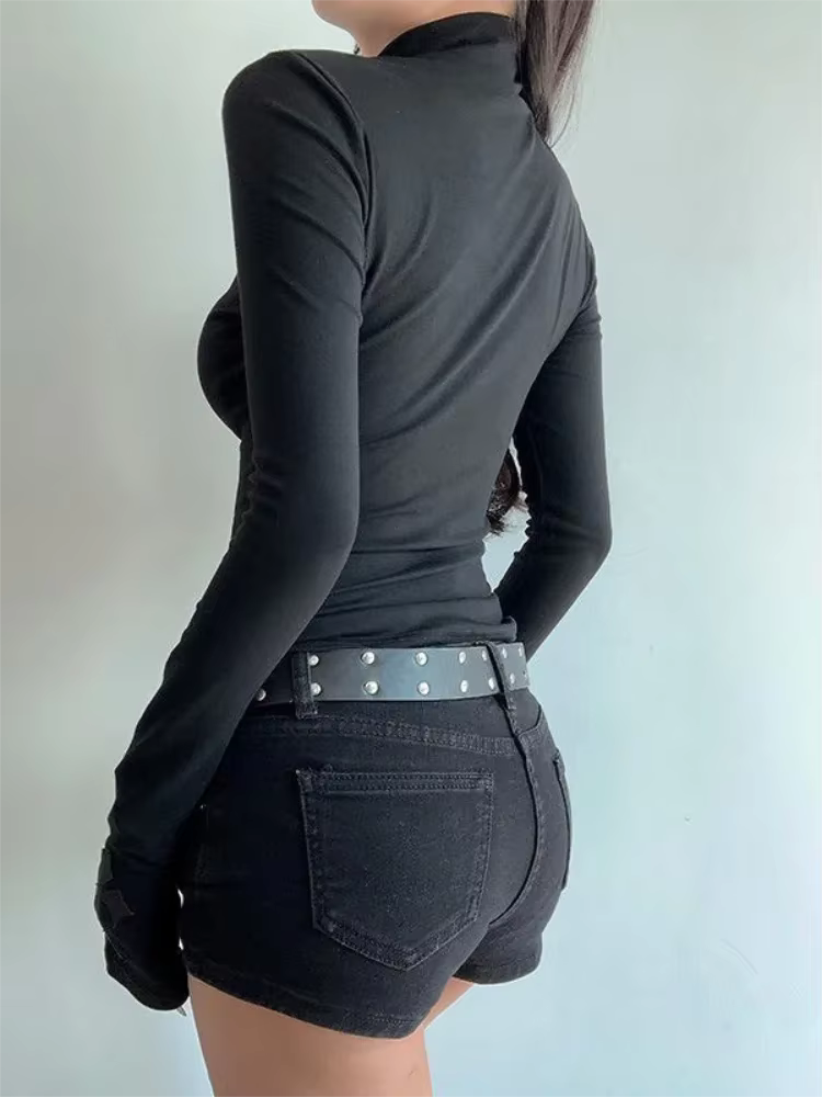 T-shirt col roulé Y2K noir gothique à croix évidée, coupe ajustée, manches longues, sexy, pour femme