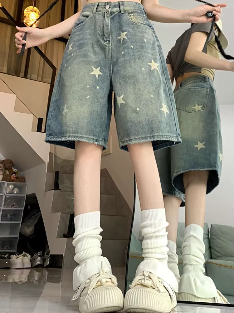Femmes taille haute américain rétro lavé jambe large jean filles rue faire vieille étoile pantalon e