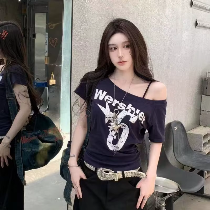 Y2k Sport été épaules dénudées haut femmes Sexy Vintage années 2000 à manches courtes t-shirt dame c