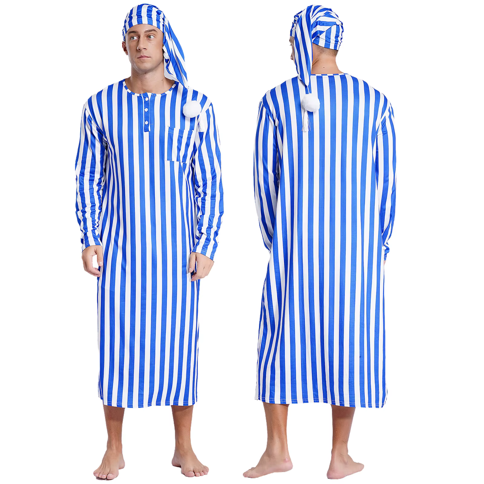Pyjama musulman arabe pour hommes, chapeau de sommeil réglable, robe avec chapeau, manches longues, 