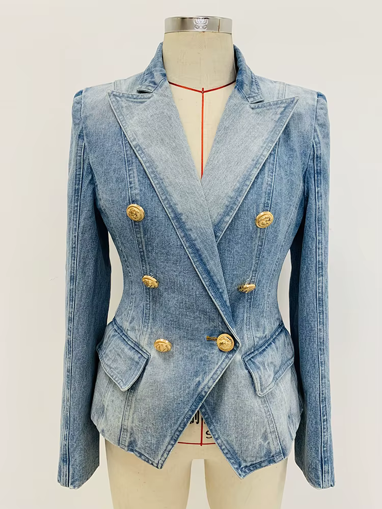 HIGH STREET Nouveauté 2026 Blazer en jean pour femme, coupe ajustée, croisé, avec boutons motif lion