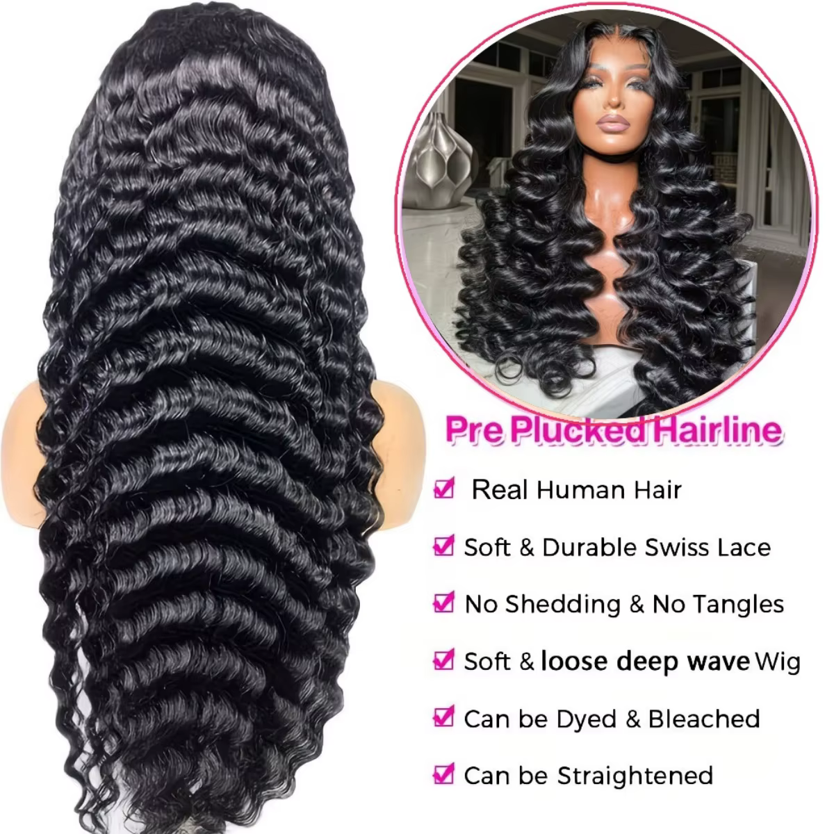 Perruque Deep Wave en cheveux humains, dentelle HD 13x6, bouclée birmane, pré-épilée, sans colle, po