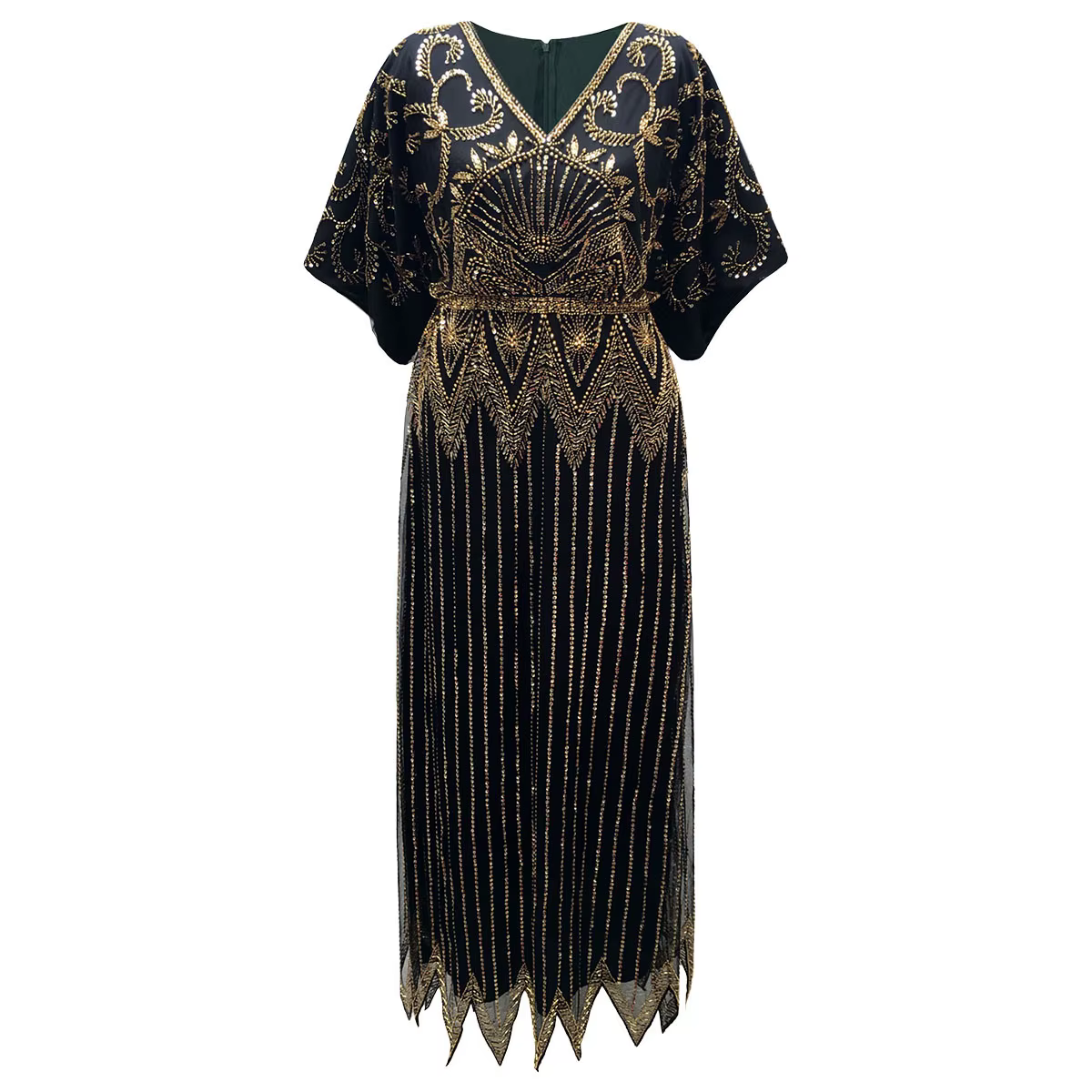 Robe de soirée longue à paillettes pour femmes, élégante, col en V, manches courtes, ligne A, taille