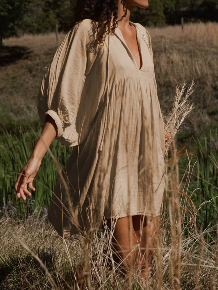 Robe plissée à col en V pour femmes, robes courtes à lacets, robe de plage élégante, manches lantern