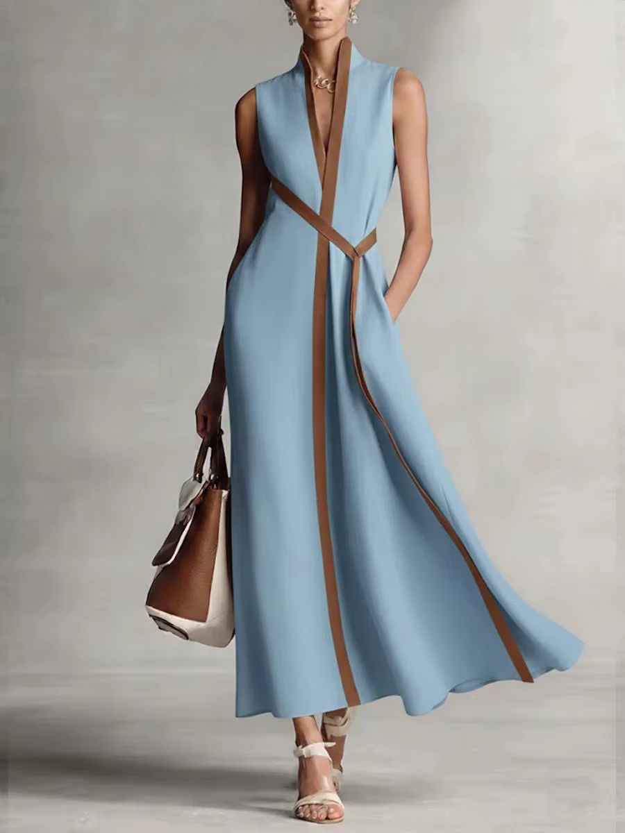 Nouvelle Robe Élégante Sans Manches Col V en Coton et Lin Coupe Slim Taille Haute Color-block 2026