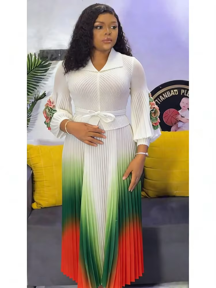 EGRM – robe Miyaki à revers, manches lanternes, ceinture, taille amincissante, dégradé plissé, jupe