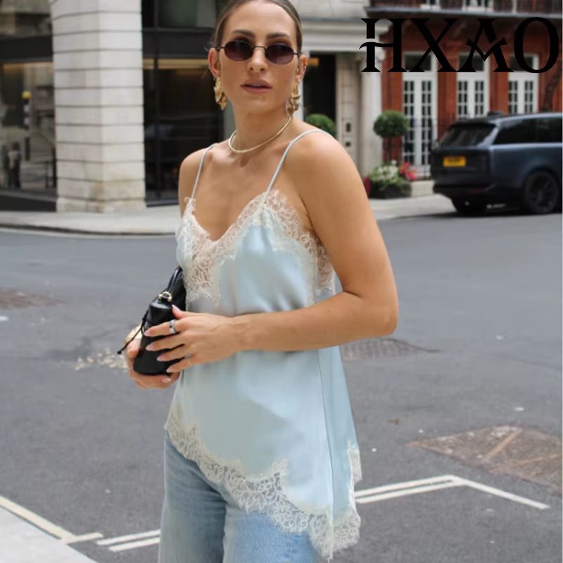 HXAO femmes recadrée dentelle haut Slip dos nu Sexy haut bleu femmes sans manches Camisole hauts de