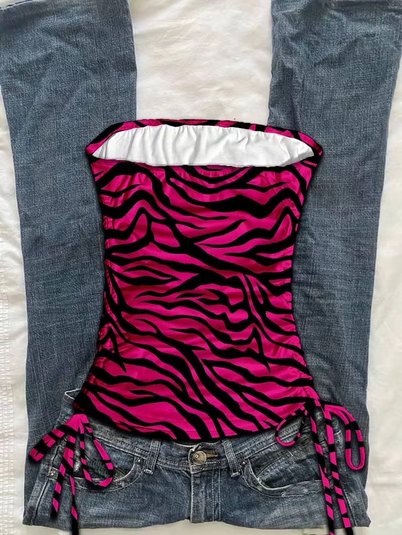Haut court pour femmes, gilet plissé à lacets imprimé léopard, haut sans manches imprimé zèbre, haut