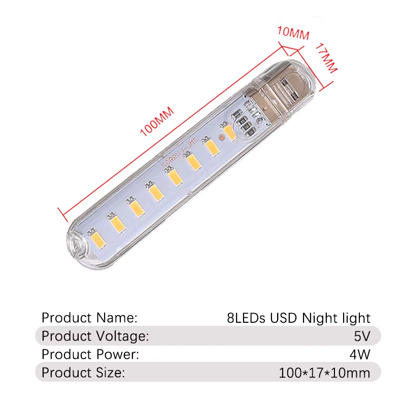 Petite lampe USB à 8LED, dc 5v, 4W, rouge vif, jaune, blanc, bleu, vert, violet, Protection des yeux