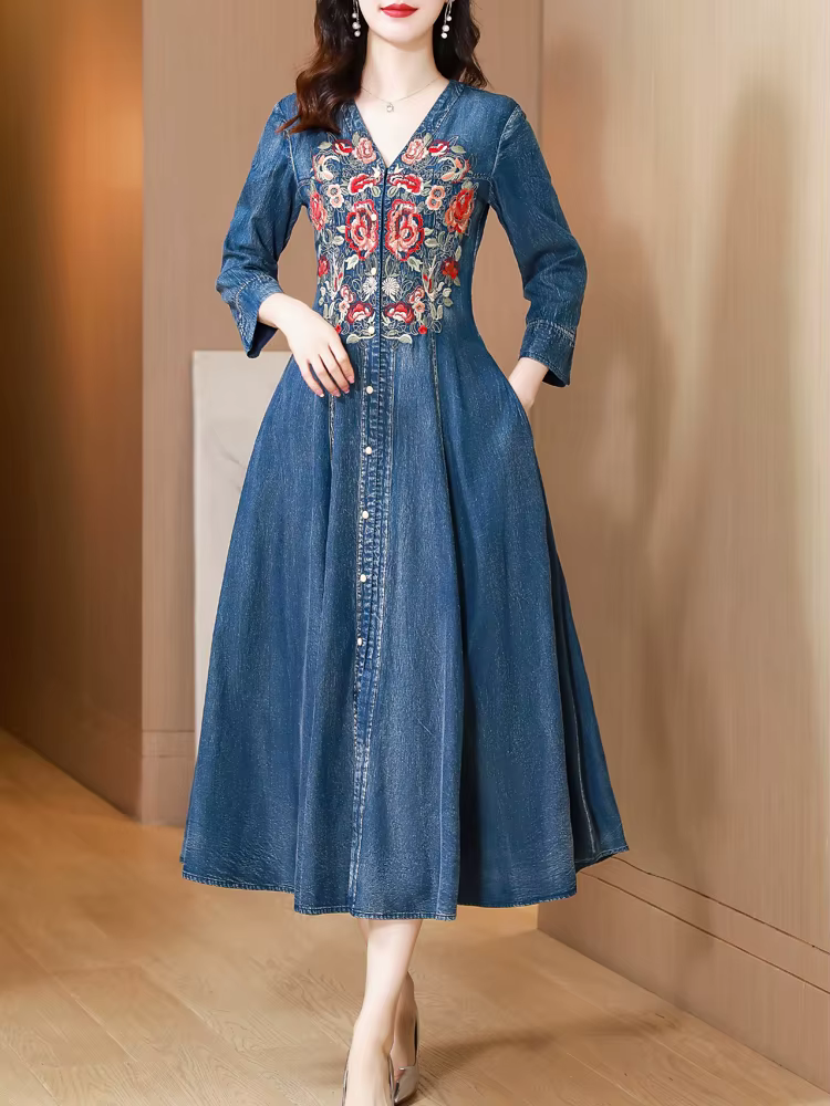 TIYIHAILEY-robe longue en jean mi-mollet à simple boutonnage pour femmes, robe brodée de Style chino