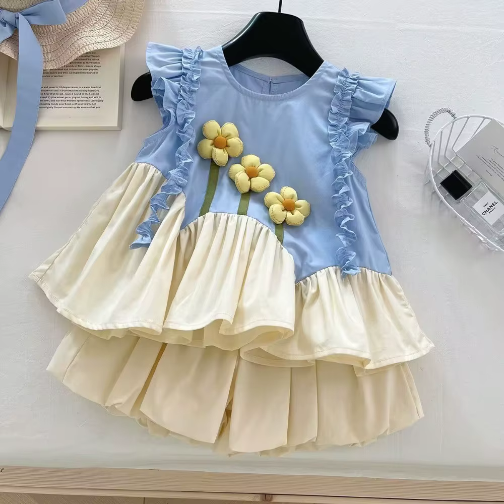 Ensemble deux pièces t-shirt à manches volantes + short, décontracté, Patchwork de fleurs 3D, vêteme