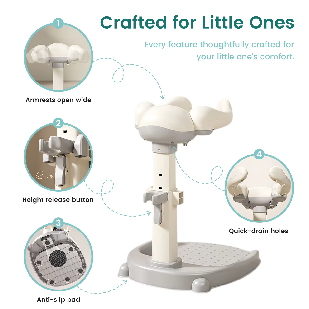 Support de bain pour bébé avec design ergonomique, aide au bain réglable en hauteur pour tout-petits