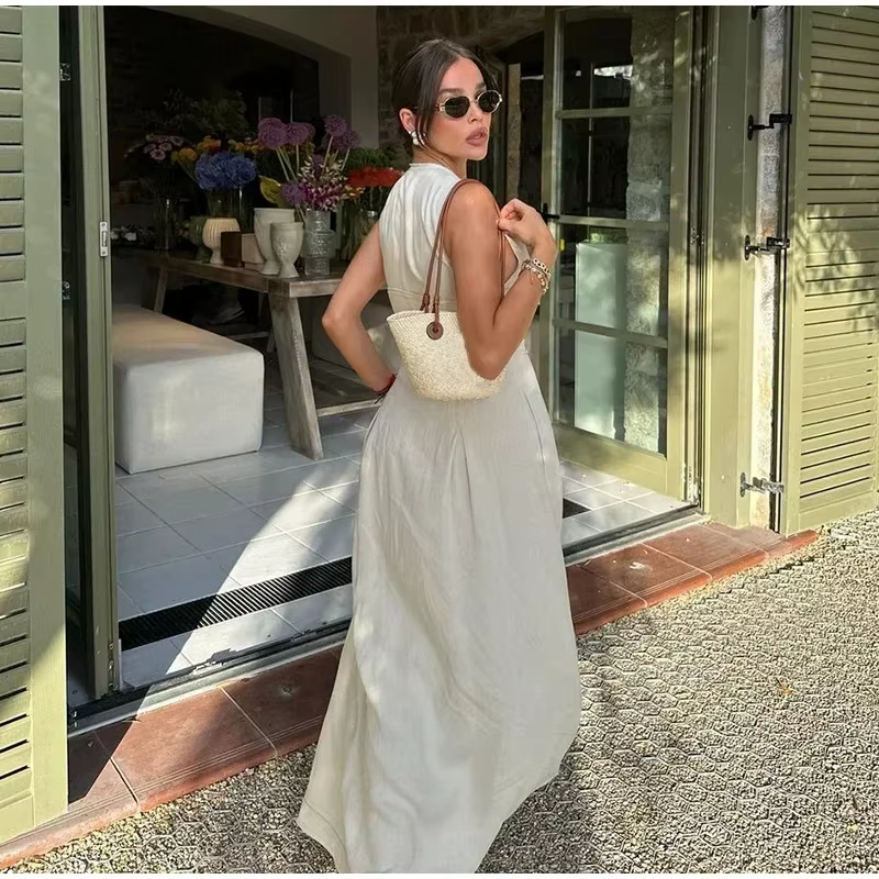 MUJER 2025 robes longues drapées pour femmes fermeture éclair sans manches robe Maxi femme vacances