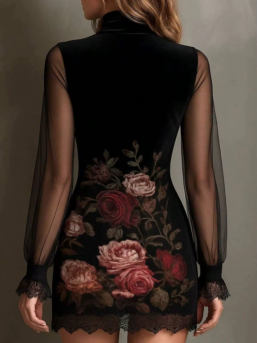 Robe courte sexy en dentelle et tissu transparent à col halter