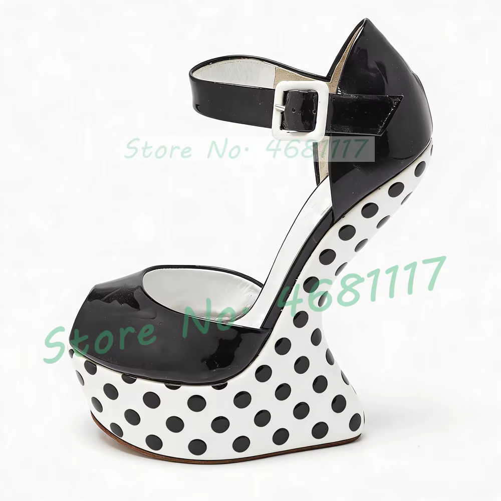 Sandales à plateforme noires à pois pour femme, sexy, à bout ouvert, en cuir verni, avec bride de ch