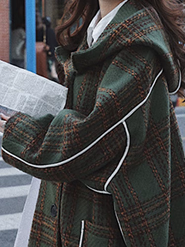 Lautaro-Combinaison Femme avec Capuche, Patchwork Blanc Chaud, Plaid Laine Mélanges, Mode Coréenne,