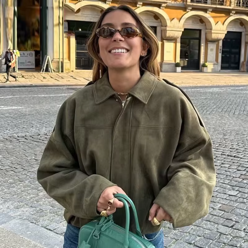 HXAO femmes Bomber veste revers fermeture éclair manches longues veste en daim femmes 2025 haute rue