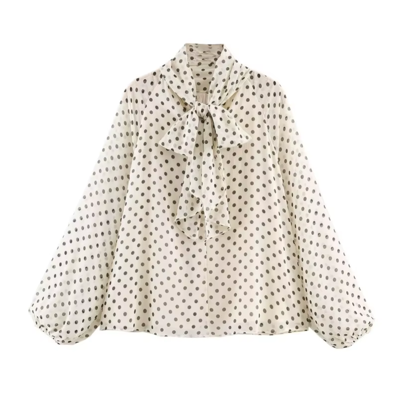 Femmes à pois imprimé Blouse décontracté col haut à manches longues dame haut Simple femmes Blouse f