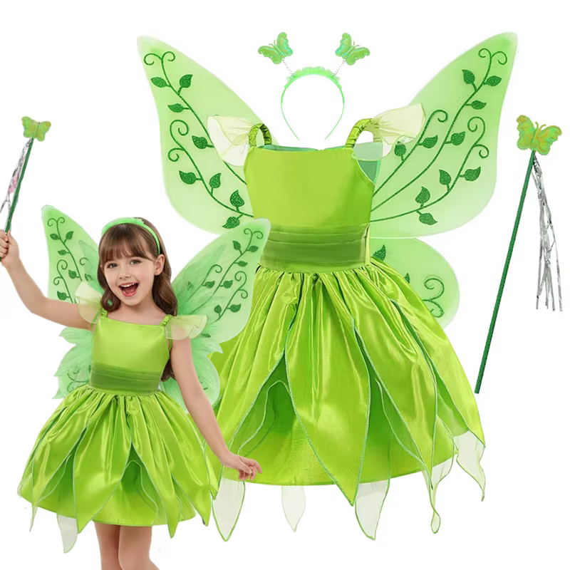 Robe de fée Cosplay pour filles, film classique Disney, elfe fée clochette, bretelles vertes avec ai