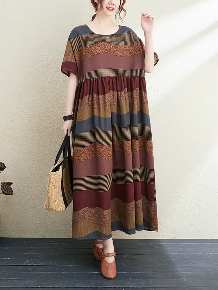 Nouvelle Robe Longue d'Été 2026 en Coton et Lin à Manches Courtes, Imprimé Rayé Vintage, Élégante po