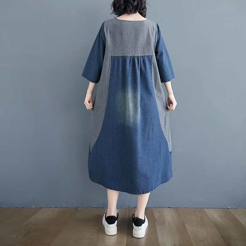Robe en denim vintage pour femme, patchwork simple, longueur genou, rayures Wiltshire, manches trois