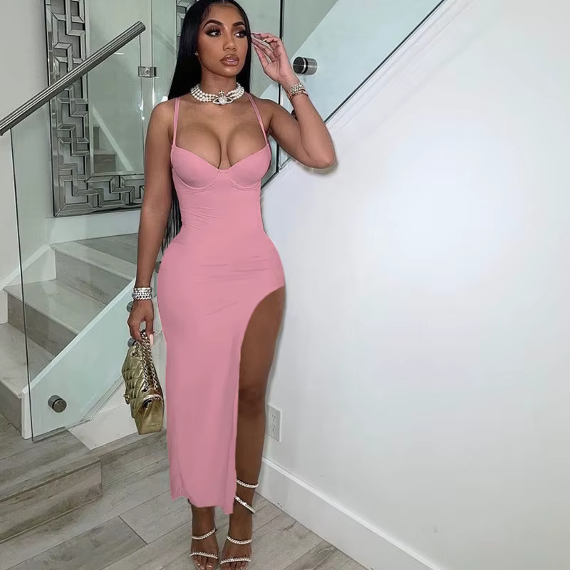 Robe de Soirée Sexy à Bretelles Spaghetti pour Femme, Tenue Élégante à Fente Haute, Dos aux, Slim, T