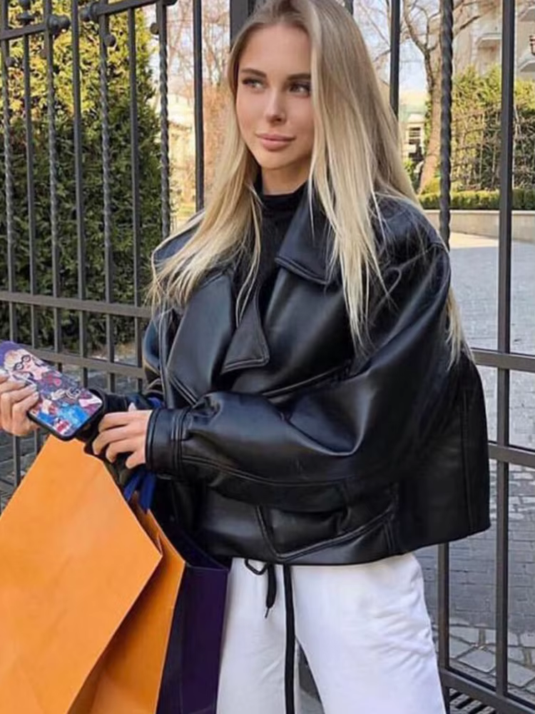 FTLZZ blouson de motard en similicuir femme, col rabattu, PU, Streetwear, ample, vêtement d'extérieu