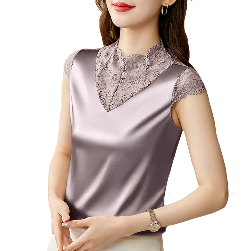 M-4XL Élégant Manches Courtes Dentelle Chemise De Mode Patchwork injSatin précieux Top D'été Casual 