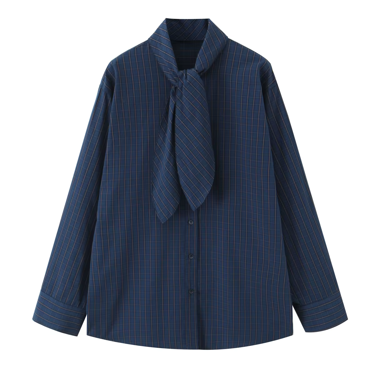 DUOPERI femmes avec nœud Plaid simple boutonnage Blouse col écharpe manches longues femme élégante C