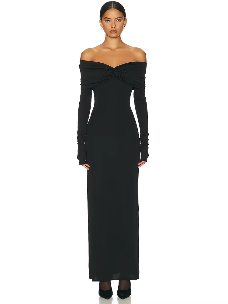 Ahagaga-Robe longue à plis solides pour femmes, mode, sexy, dos nu, manches longues, décontractée, s